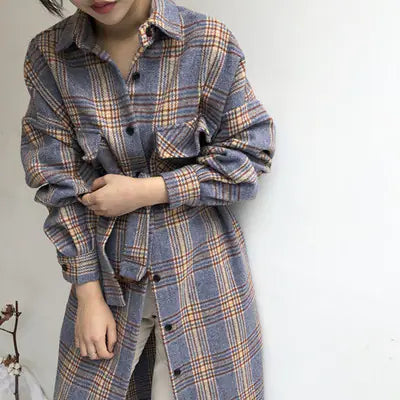 Korean Autumn Winter Plaid Shirt Dress Woolen Jacket