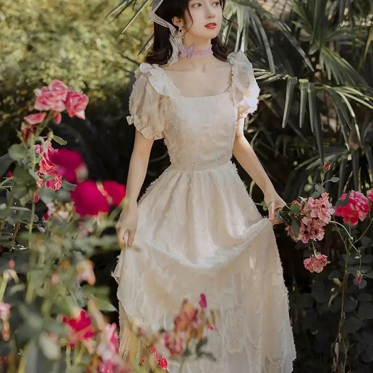 Retro Girl Court Style Lace Embroidered Dress