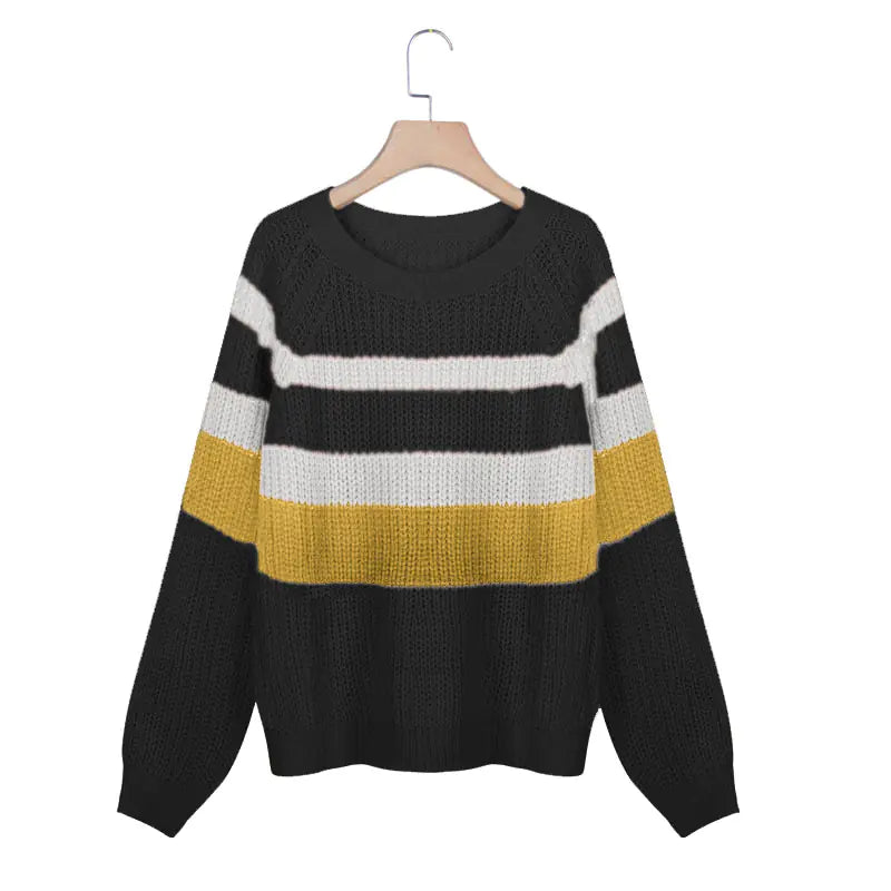 Casual Loose Color-Block Knit Sweater with Long Sleeves