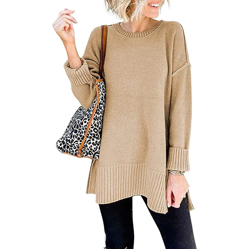 Loose Knit Pullover Top with Side Slit and Long Sleeves