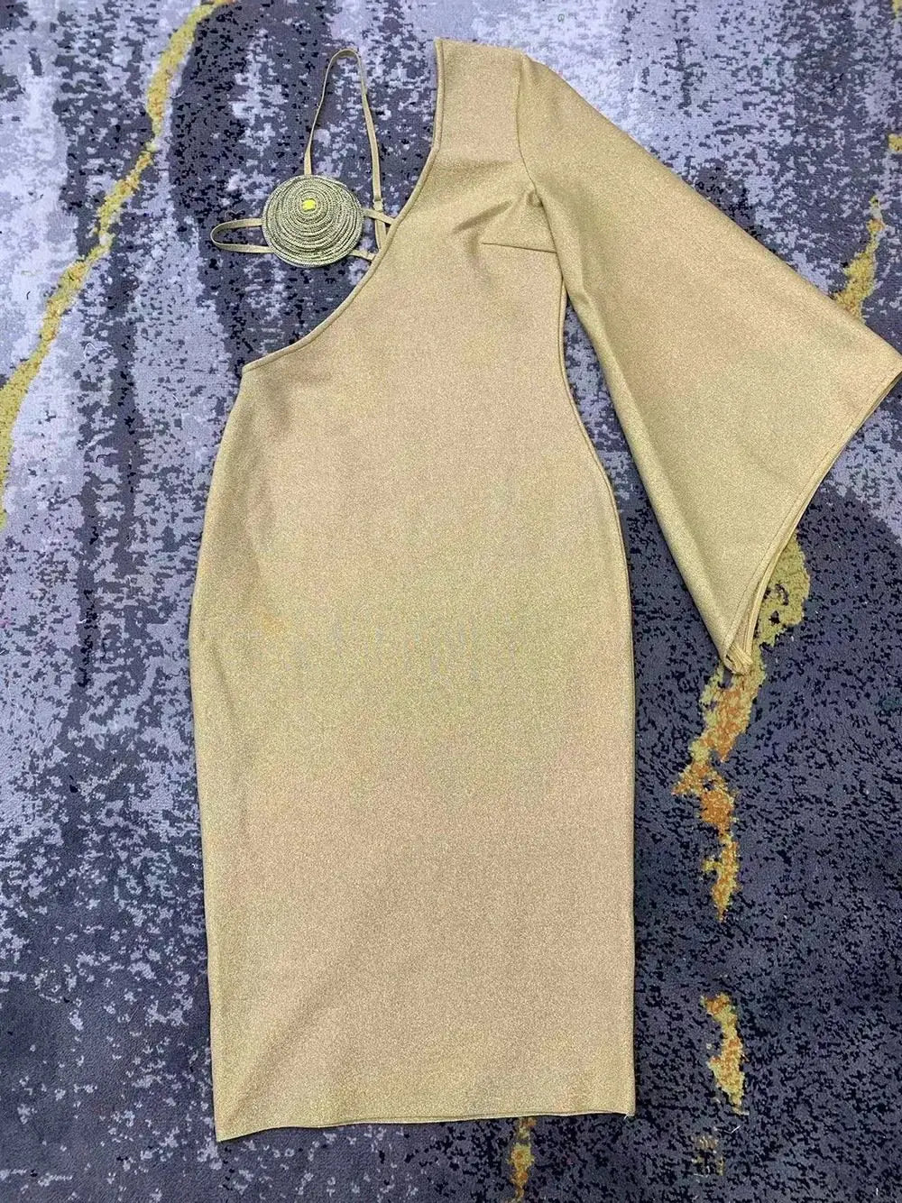 V-neck One-shoulder Flared Long Sleeve Dress
