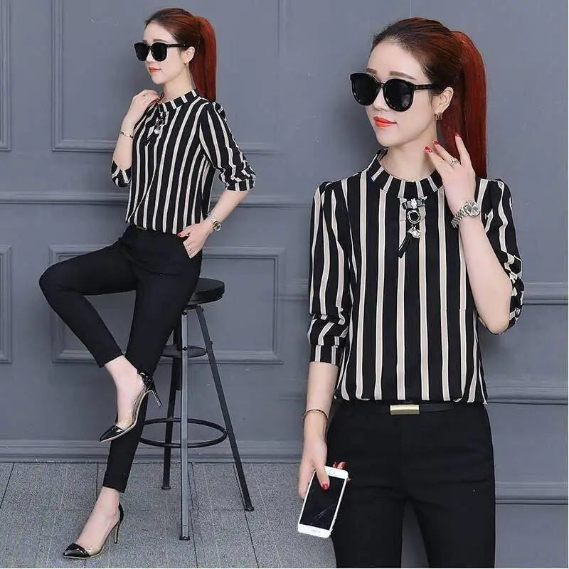 Striped Shirt, Chiffon Top, Long Sleeve Base Layer
