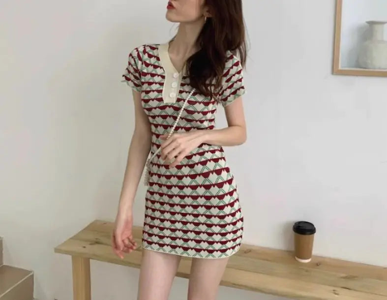 Slim Fit V-Neck Short Sleeve Knit Dress