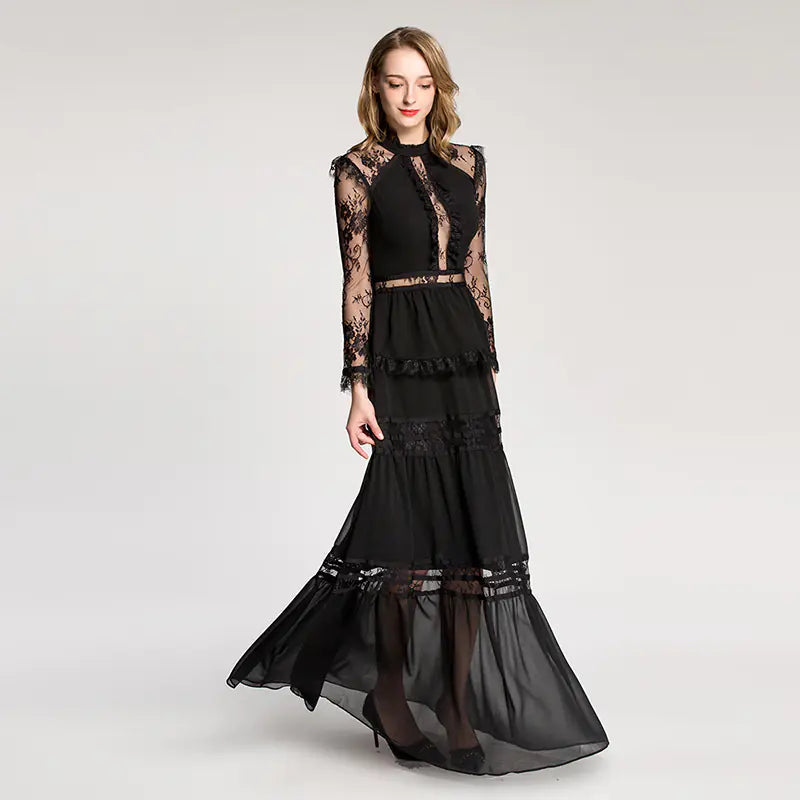 Elegant Lace Sheer Long Dress with Court Style