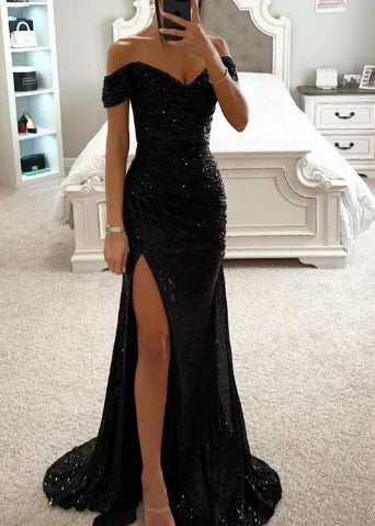New Elegant Black Sequin Evening Gown with Mermaid Tail