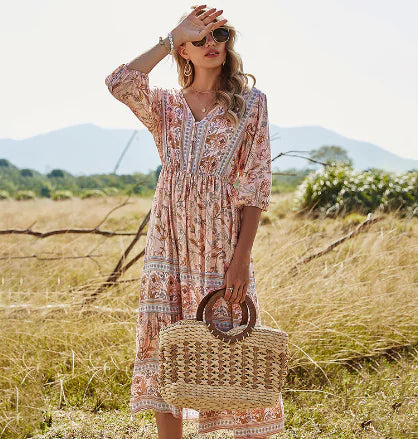 WOLFF Bohemia Floral V-Neck High-Waist Dress (One Piece)