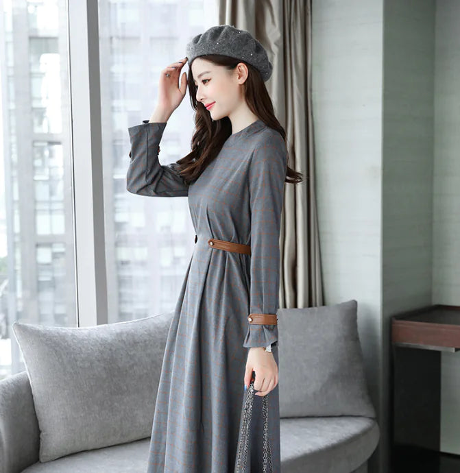 New Autumn Belted A-Line Long Dress with Round Neck