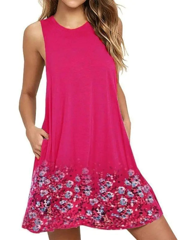 Floral Sleeveless A-Line Dress with Round Neck