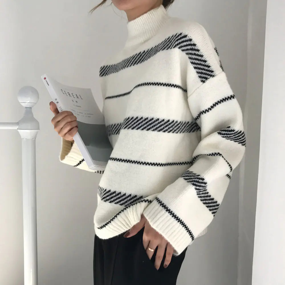 Korean Style Loose Turtleneck Striped Sweater