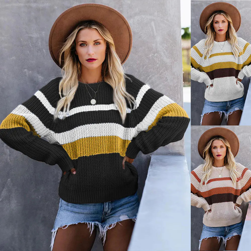 Casual Loose Color-Block Knit Sweater with Long Sleeves