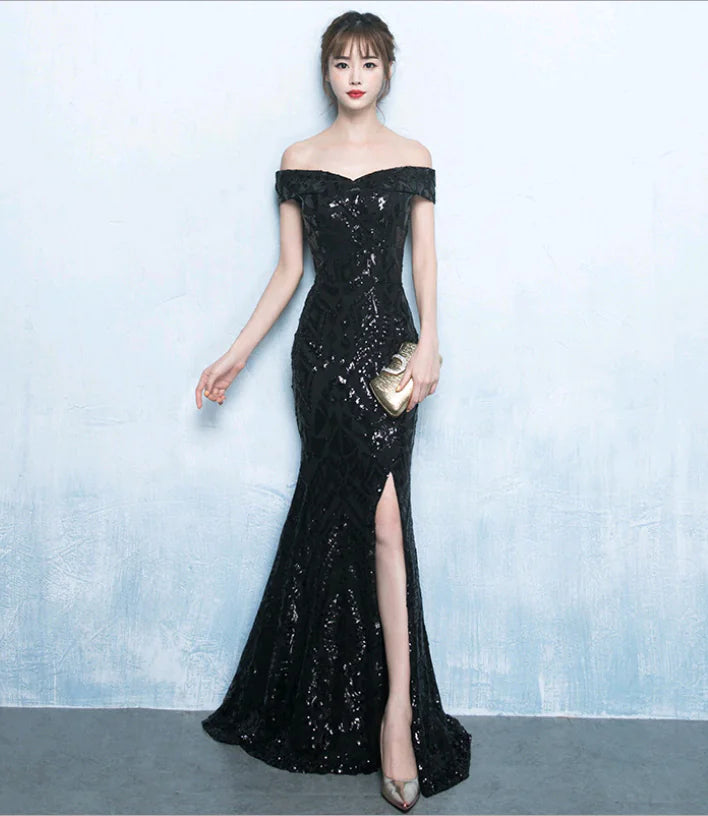 New Elegant Black Sequin Evening Gown with Mermaid Tail