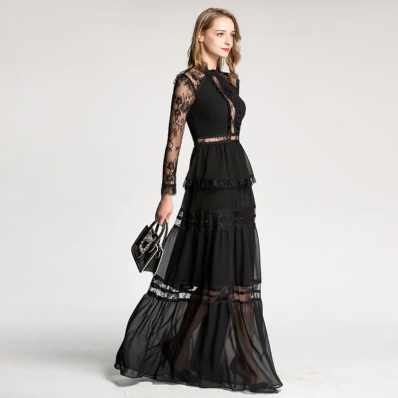 Elegant Lace Sheer Long Dress with Court Style