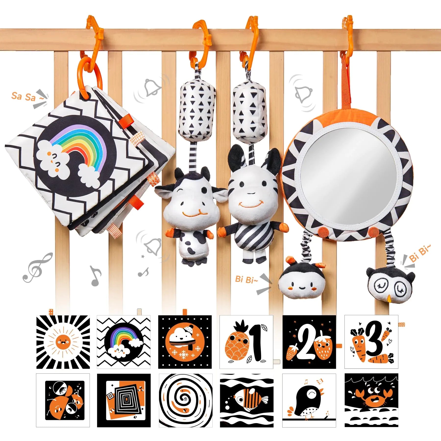 TUMAMA Black and White Baby Toys High Contrast Baby Tummy Time Toys Newborn Soft Books Mirror Rattles Montessori Sensory Toys 0-12 Months Hanging Infant Toys for Carseat Stroller Play Mat Crib