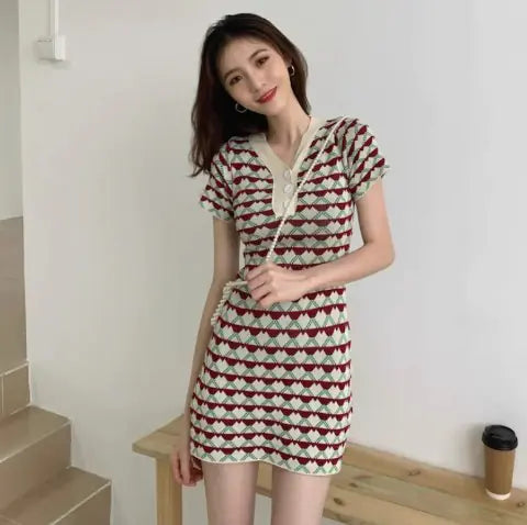 Slim Fit V-Neck Short Sleeve Knit Dress