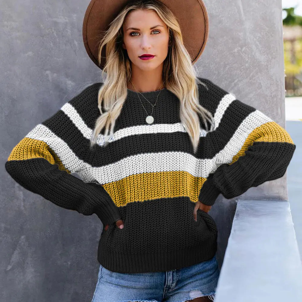 Casual Loose Color-Block Knit Sweater with Long Sleeves