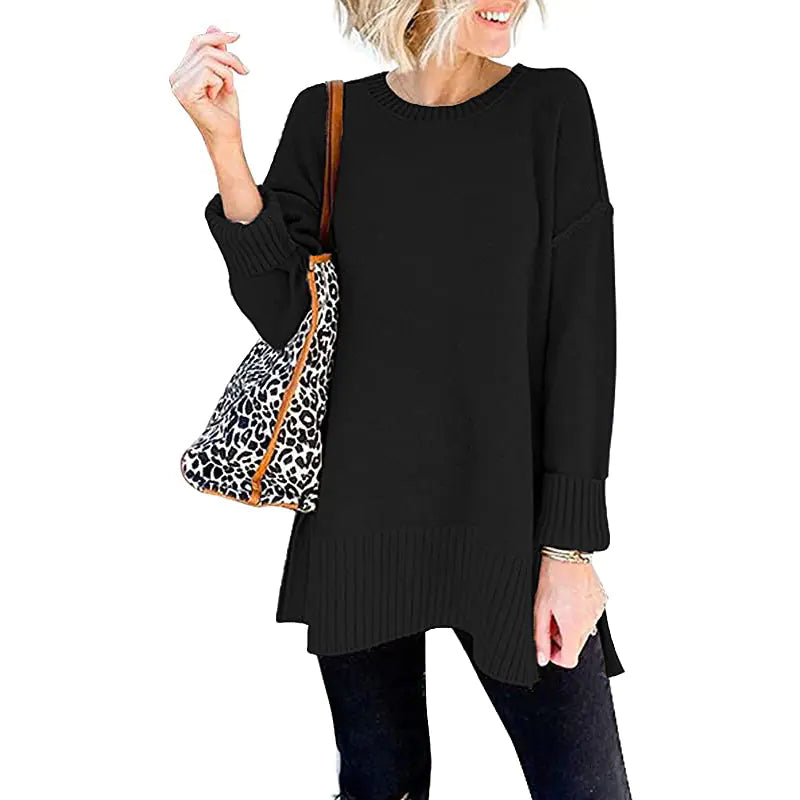 Loose Knit Pullover Top with Side Slit and Long Sleeves