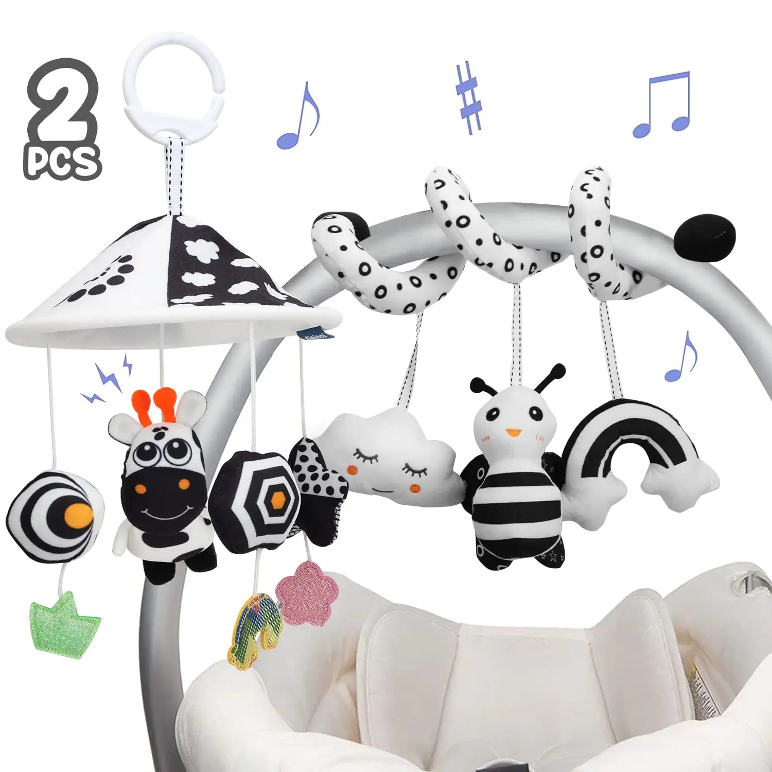 TOY Life 2 Pack Hanging Baby Toys 0-6 Months Car Seat Spiral Toys for Babies 0-6 Months Crib Toys Hanging Newborn Toys Black and White Hanging Stroller Activity Toy for Babies Infant Carseat Toys