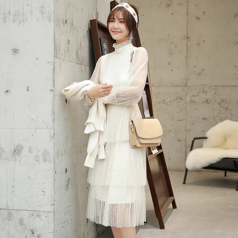 Solid Color Long Sleeve Tulle Dress