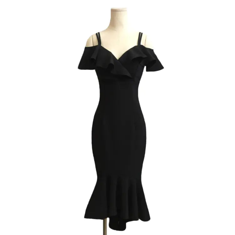 V-Neck Off-Shoulder High Waist Flare Dress