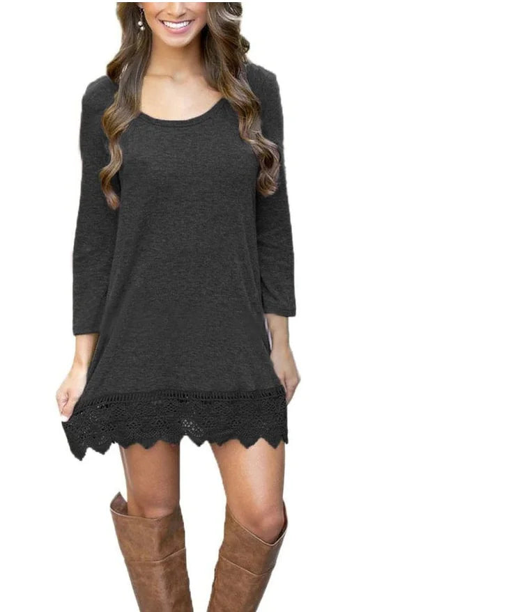 Solid Color Long Sleeve Lace Dress