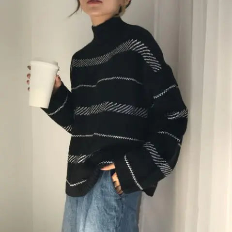 Korean Style Loose Turtleneck Striped Sweater