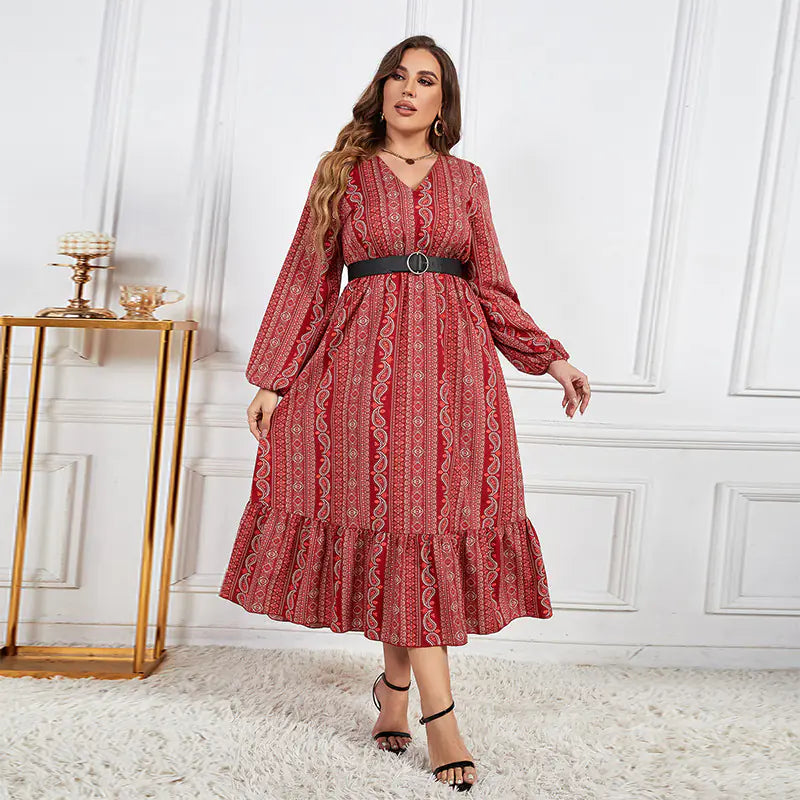 Solid Color Lace Up V-neck Long Sleeve Women's Dress