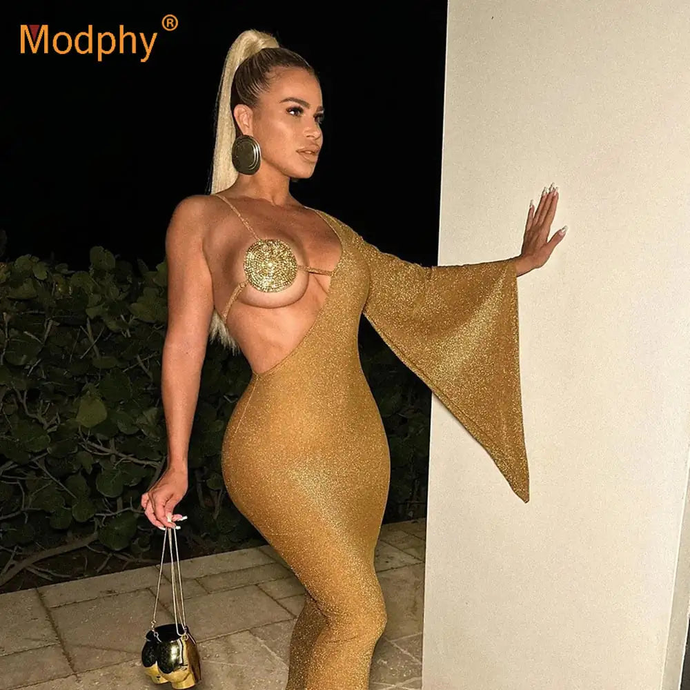 V-neck One-shoulder Flared Long Sleeve Dress