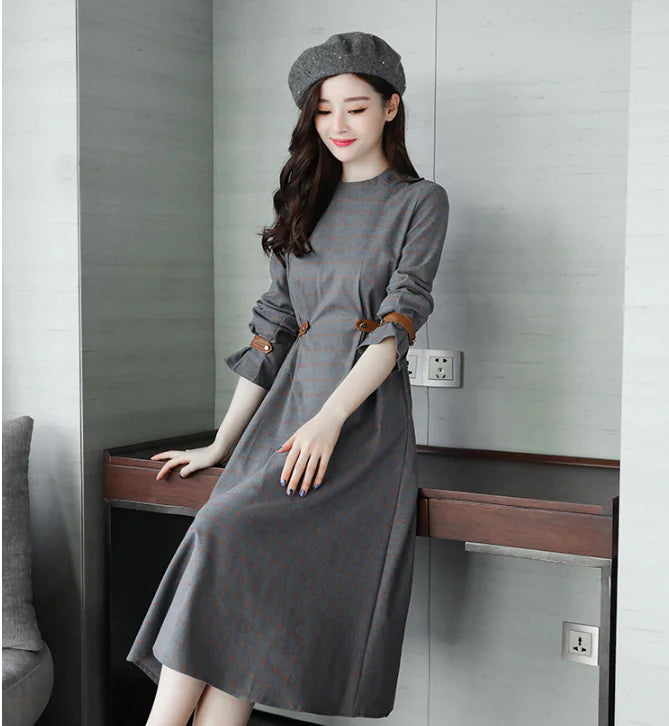 New Autumn Belted A-Line Long Dress with Round Neck