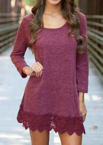 Solid Color Long Sleeve Lace Dress