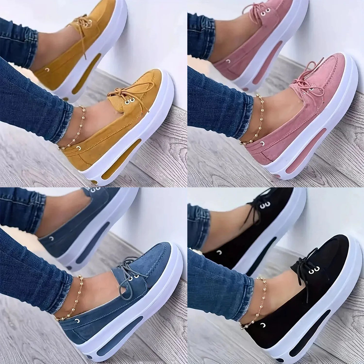 Women Block Shoes Slip On Closed Toe Platform Flat Wedge Casual Lace Up Sneakers
