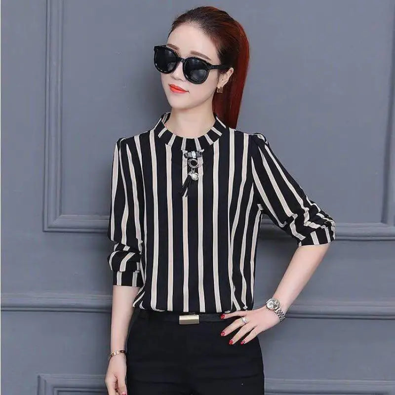 Striped Shirt, Chiffon Top, Long Sleeve Base Layer