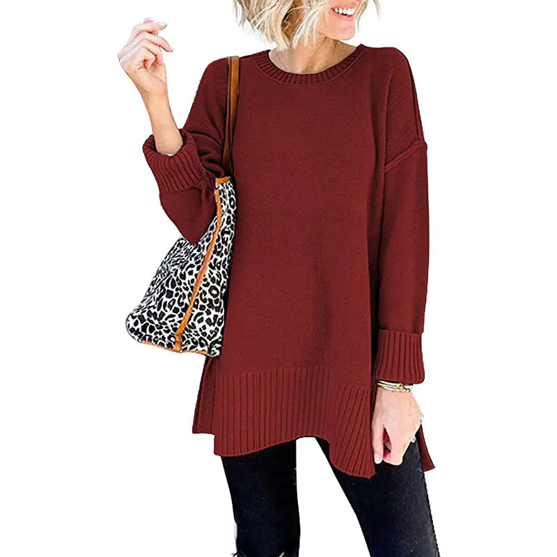 Loose Wool Knit Pullover Top with Side Slit and Long Sleeves