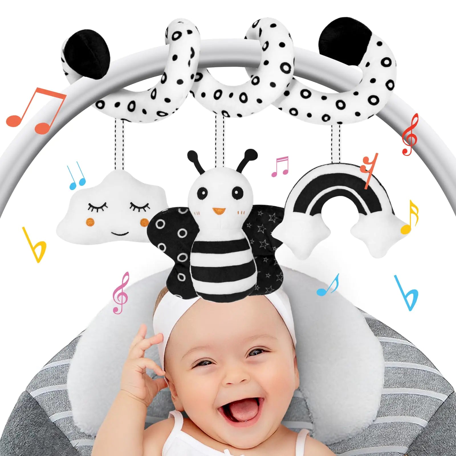 FATI Baby Spiral Car Seat Toys Hanging Toys Black and White High Contrast Newborn Sensory Toys for 0 3 6 9 12 Months Girls Boys Gift Carseat Toys Stroller Toys for Bed Bassinet Crib Baby Carrier