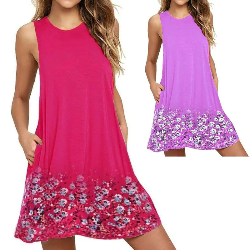 Floral Sleeveless A-Line Dress with Round Neck