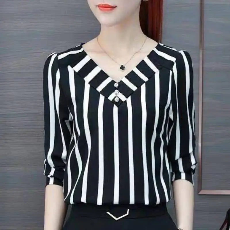 Striped Shirt, Chiffon Top, Long Sleeve Base Layer